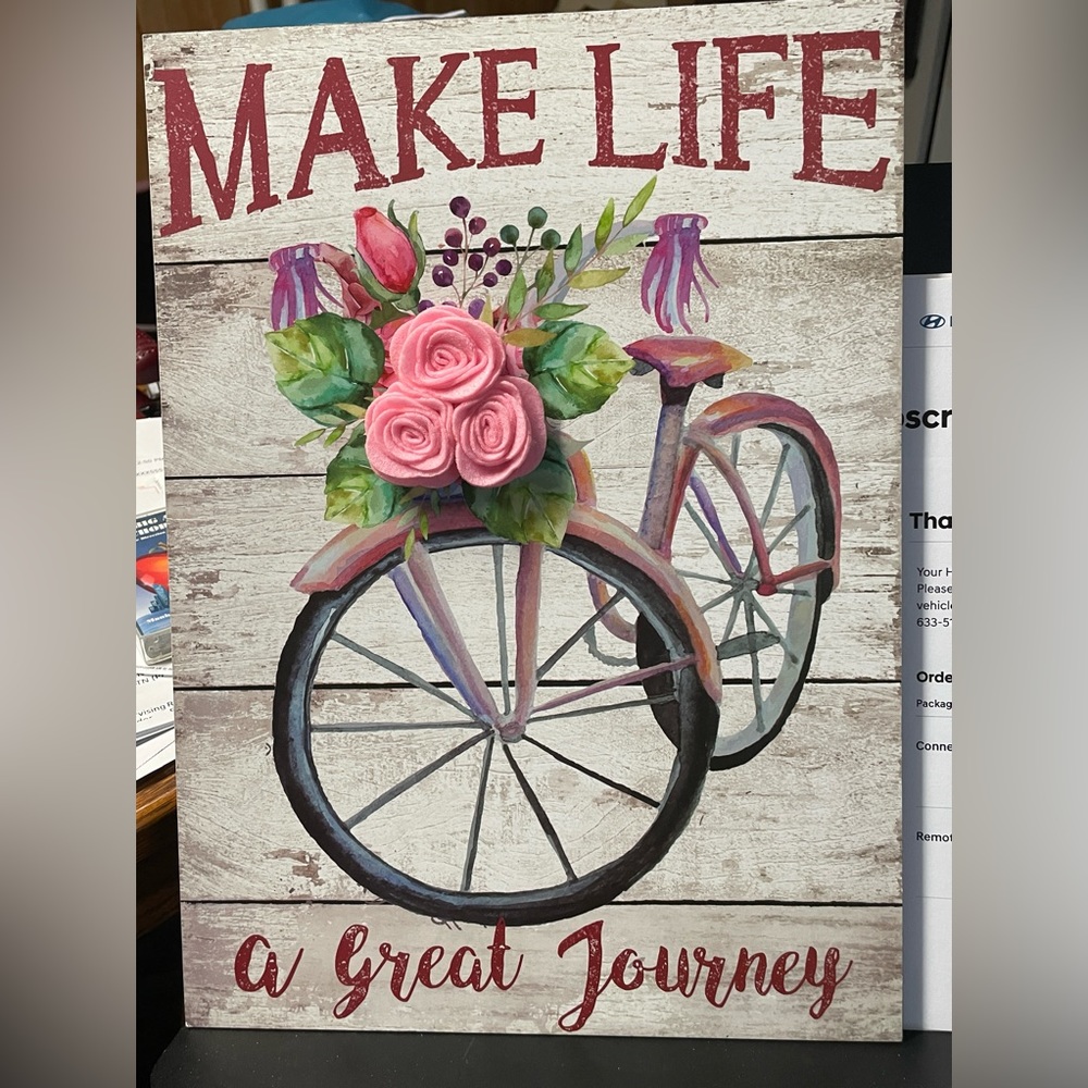 Make Life a Great Journey bike painting by Hanna’s Handiworks w/ pink felt roses - Picture 7 of 9